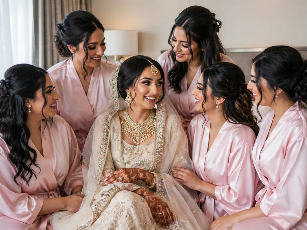 Bride with her bridal party in matching pink robes